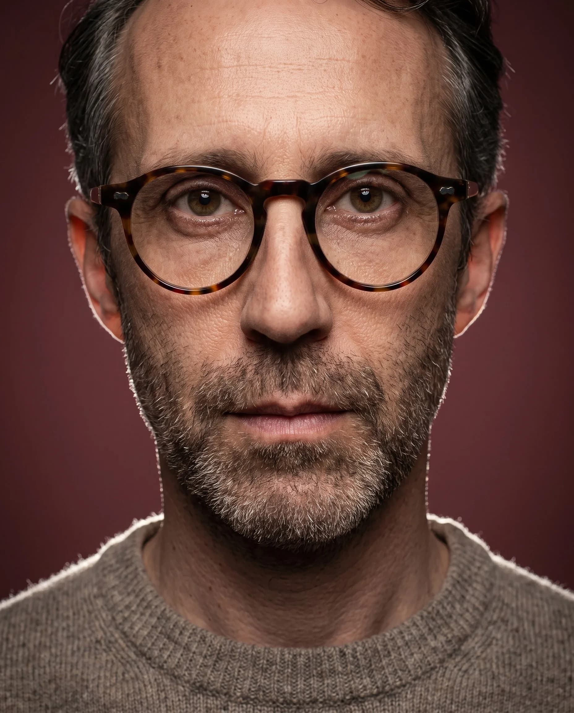 Portrait beauté dirigé en IA : gros plan d'un homme à lunettes rondes en écaille sur fond bordeaux, lumière latérale contrastée qui sculpte le grain de peau.