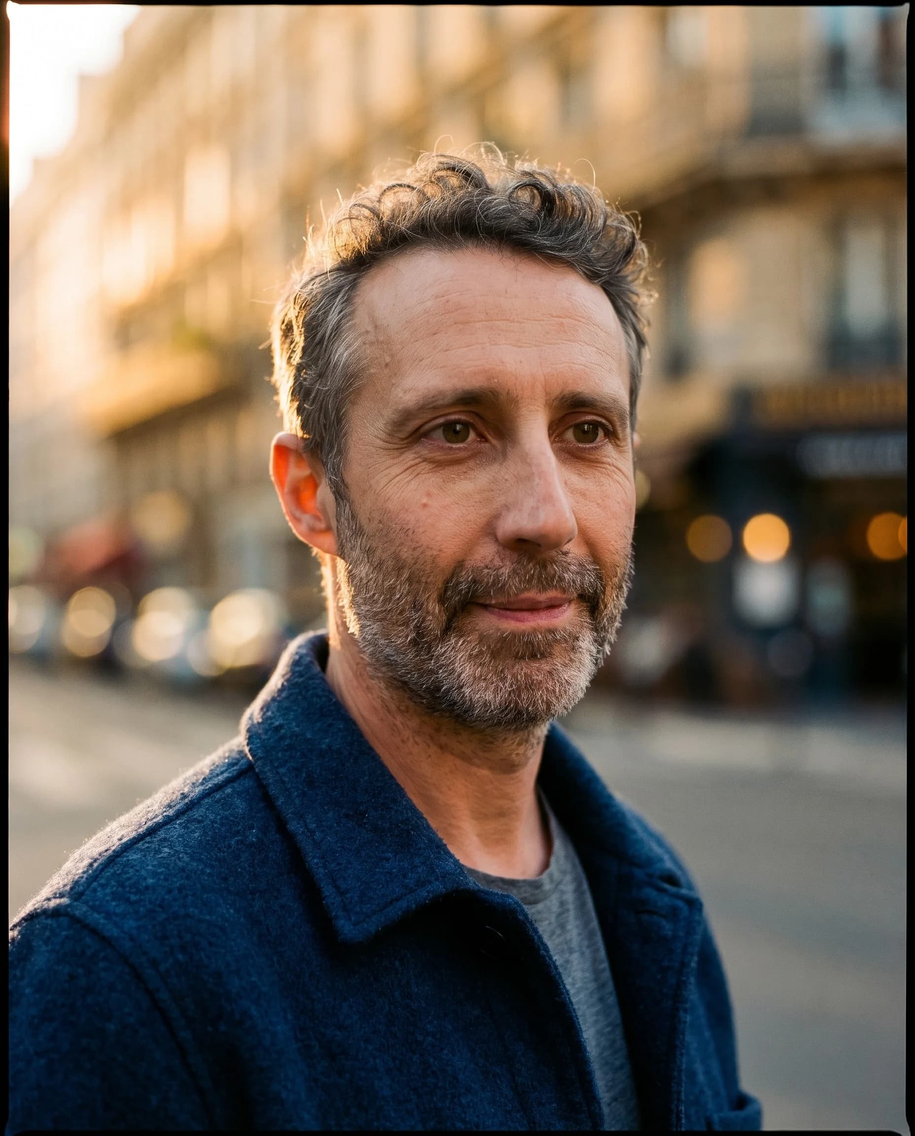Portrait personal branding dirigé en IA : homme en veste bleu marine dans une rue parisienne à l'heure dorée, façade haussmannienne floue en arrière-plan, rendu argentique.