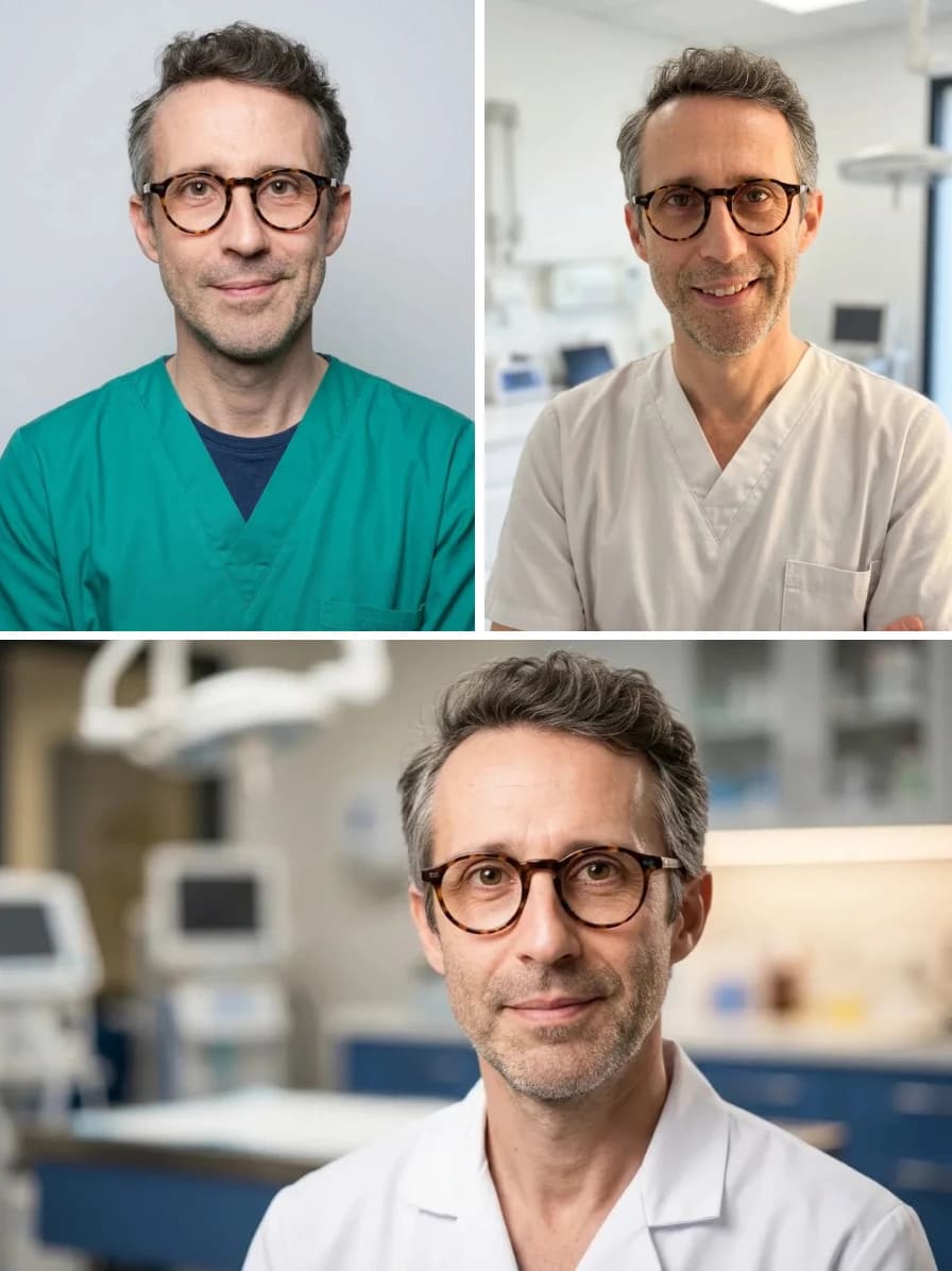 Exemple de portraits professionnels générés pour un vétérinaire - 5 styles dont portrait avec animal